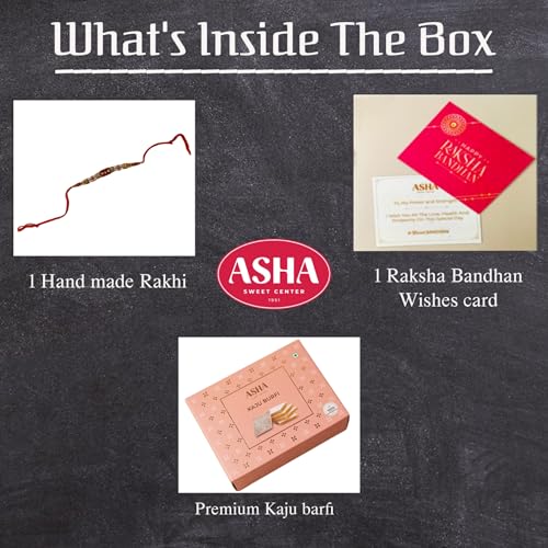 Image of ASHA Sweets Rakhi Celebration Combo Pack with Kaju Katli (100gm), 1 Handmade Rakhi & Wish Card Set for Gifting to Brother & Sister |Premium Raksha Bandhan Festive Gift Box for Family & Friends