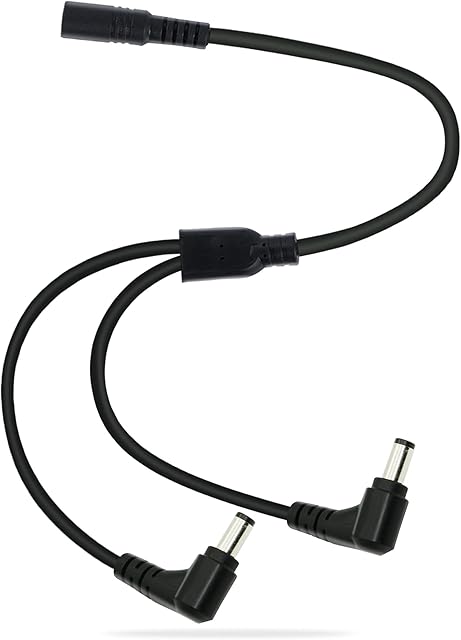 GINTOOYUN DC Splitter Cable 1 Female to 2 Right Angle Male, 12V DC 5.5mm X 2.1mm Y Splitter Adppter Female to 90 Degree Male Extension Cable 0.7m (1 to 2 Right Angle Way)