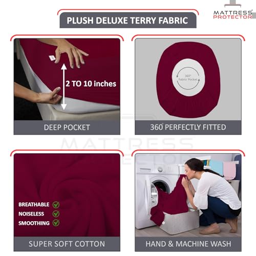 Image of Mattress Protector King Size | Ultra-Soft Luxury Feel Premium Cotton Waterproof Mattress Cover | Silky Soft, Antibacterial & Hypoallergenic | Fits Upto 10 inch Bed Cover - 6.5x6 Ft |78x72 in, Beetroot