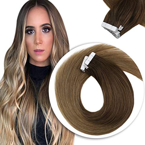 Sunny 22inch Brown to Blonde Tape in Hair Extensions Balayage Real Human Hair Drakest Brown to Brown with Medium Blonde Highlighted Tape on for Women Extensions 20pcs 50g
