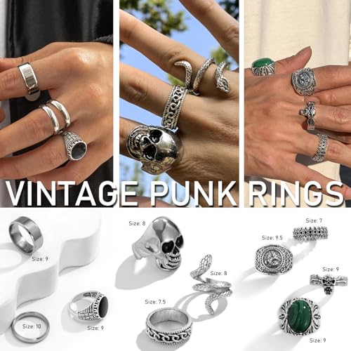 EIELO Vintage Silver Punk Rings Set for Men Cool Gothic Alt Chunky Rings Bulk Skull Snake Stackable Hippie Knuckle Bulky Rings Pack4
