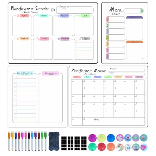 Prelisee 4 Pièces Calendrier Magnetique Frigo,Planificateurs Mensuels Magnétiques Effaçables,Tableau Menu Semaine Frigo Liste de Courses Planning Semaine...