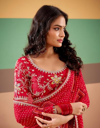 Image of SIRIL Women's Georgette Bandhani Printed, Embroidery Lace Saree With Unstitched Blouse Piece