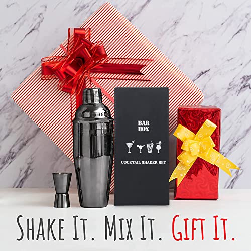 Image of Cocktail Shaker - Bar box 6 Piece Bartender Kit - Stainless Steel Cocktail Shaker Set, Premium Bar Tools : Martini Shaker, Muddler, Jigger, Mixing Spoon, Strainers, Ice Tong ,Mettalic Black