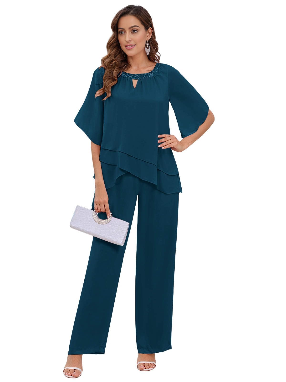 Hosenanzug Damen Festlich Elegant - 2 Stück Chiffon Kurzarm Mutter der Braut Hosenanzüge für Hochzeit