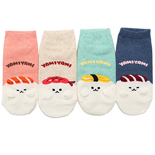 WOWFOOT Animal Zoo Casual Cute Fun Cotton Print Ankle Socks Design (Cute Sushi-4 pairs)