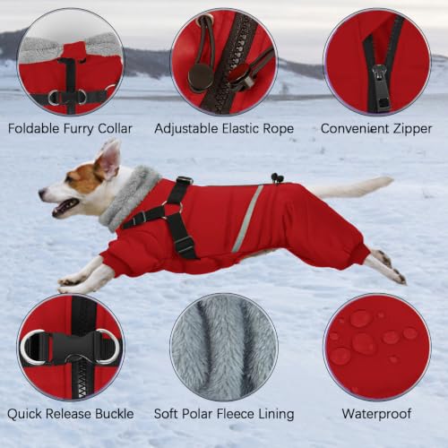 Image of BRKURLEG Small Dog Winter Coat with Harness Built in, Winter Jackets for Dogs, Fullbody Dog Coat, Dogs Snowsuits Reflective Windproof Cold Weather Coats, Pet Warm Fleece Coats, Red, L