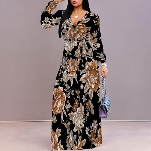 Image of Women Plus Size Long Sleeve V Neck Maxi Dress with Belt | Soft fabric relaxed fit three quarter sleeve v neck with pockets for party and daily wear