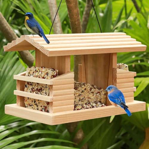 Double Suet Cake Bird Feeder Wooden Hanging Platform with Windows Outdoor Wild Bird Mealworm Feeder