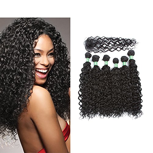 7 Pcs Jerry Curly Synthetic Hair Extensions Jerry Curly Bundles Weave Hair with One Closure Natural Black Color Mixed Length (16'' 18'' 20'' with 16'' closure, Black)