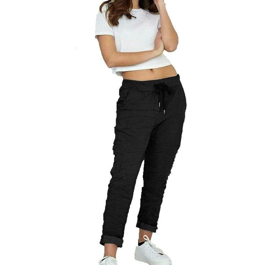 DigitalSpot Womens Turn up Italian Trousers Ladies Drawstring Pocket Pants Slim Fit Joggers