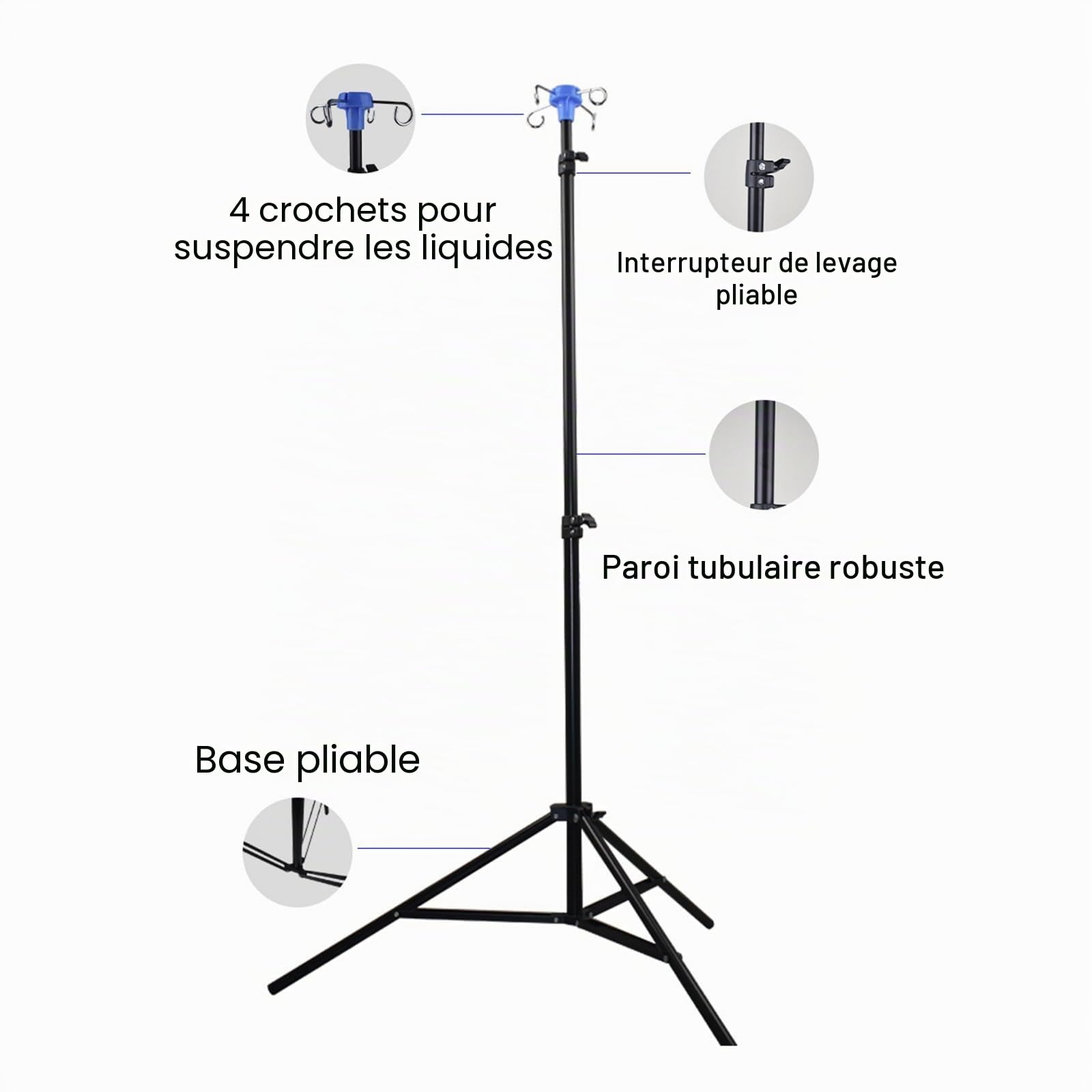 Support Perfusion Portable Pliable, Potence IV Supérieure Amovible, Perfusion Réglable Hauteur pour Fauteuils Roulants, Lits, Cliniques de Soins Infirmiers, Soins à Domicile, Voyage