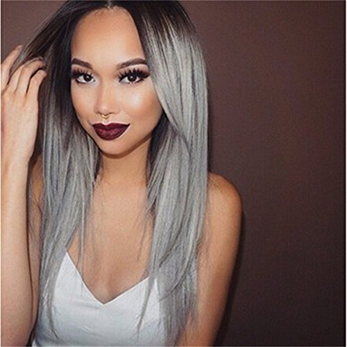 GCIYAEN New Fashion Straight Brown Root to Grey Ombre Synthetic Wig Ombre Wig