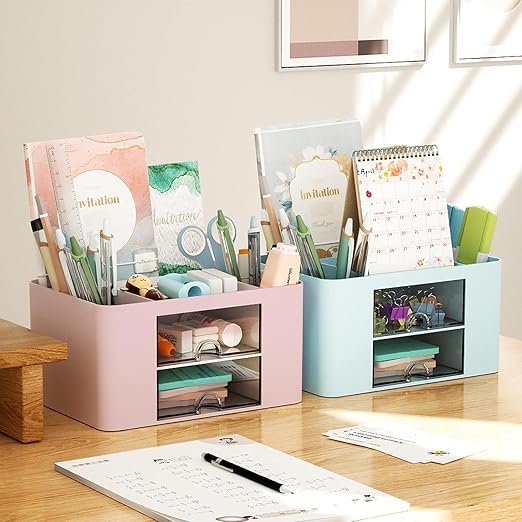 Image of ROKTRY Aesthetic Desk Organizer for Study Table & Office - Multi-Functional Pastel Pink Stationery Storage Box with 2 Drawers, Pen Holder & Compartments for School Supplies, Cosmetics & Accessories