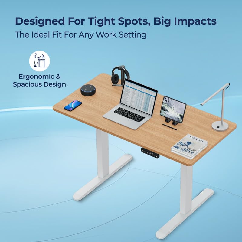 Image of The Sleep Company - AeroPlus Electric Height Adjustable Desk | Ergonomic Work from Home Table | 4 Memory Presets | 2 Years Warranty | 1200 x 600 Thick Top | Free Installation | Oak & White