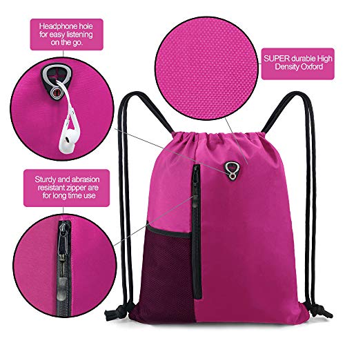 Image of BeeGreen Pink Cinch Sack Drawstring Backpack For Women With Water Bottle Pocket &Two Zippered Pocket Large Sports Gym Sackpack For Traveling Yoga Beach Outdoor