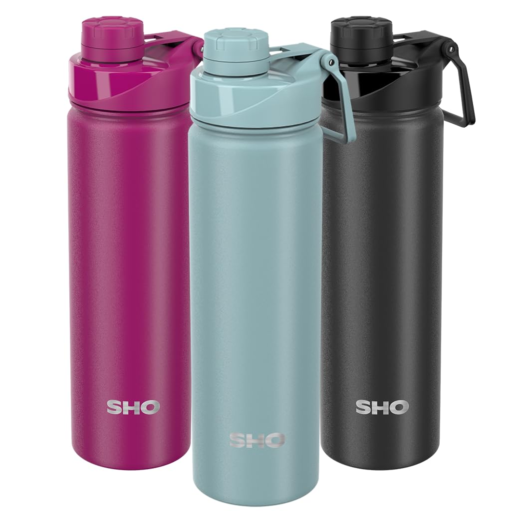 SHO Stainless Steel Sports Bottle - Leak Proof, BPA Free, No Sweat, Vacuum Insulated Double Walled Metal Flask Water Bottle - 12 Hours Hot 24 Hours Cold (660ml Arctic Mist)