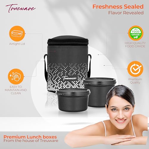 Image of Trueware Omaga Lunch Box with Insulated Fabric Jacket, 2 Microwave Safe & Leak Proof Inner Stainless Steel Containers (1 X 400ml & 1 X 500ml) Tiffin for Office, College