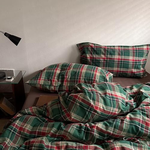 Image of MKXI Vintage Buffalo Plaid Duvet Cover Set 3-Piece | 100% Washed Cotton Reversible Bedding Green /Red Checkered Full Size with Zipper & Corner Ties Farmhouse & Shabby Chic Design