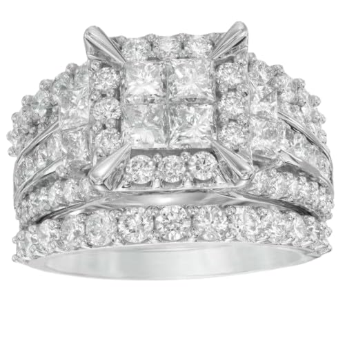 3 Ct Princess Cut Diamond Cluster Trio Set Tow Matching Band Bridal Engagement Rings Set for Women 14K White Gold Plated 925 Sterling Silver Beautiful Handmade Gorgeous Ring Gift for Her