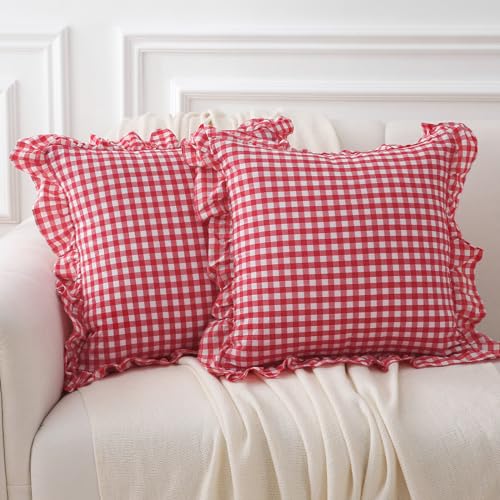 K MASANIJI 2 Pack Red White Plaid Ruffle Gingham Throw Pillow Covers 100% Washed Cotton Christmas Decorative Buffalo Checkered Farmhouse Pillow Shams - 18x18