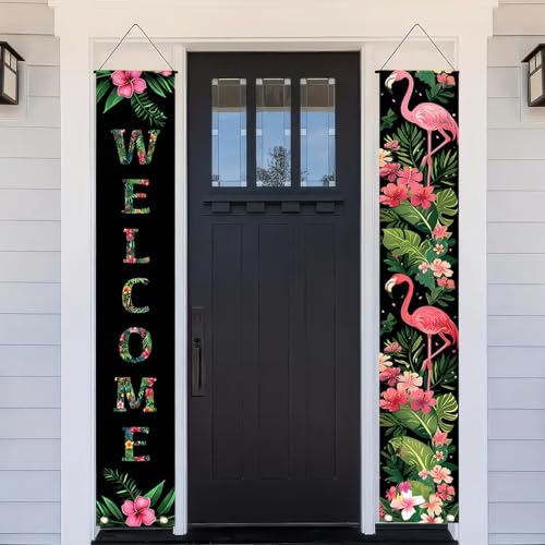 Image of BlissYard 2pcs Black Pink Flamingo Door Banner Summer Hawaiian Porch Banners Sign Sunshine Hibiscus Floral Front Door Hanging Decor Banner for Seasonal Home Hawaii Tropical Party Outdoor Decorations