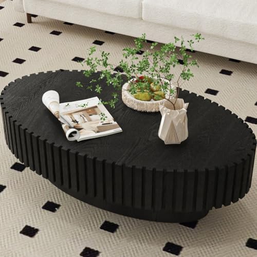 Wxnnx Ovaler Couchtisch Modern Handgefertigt mit Fluted Design und Stabilem Sockel Ellipsen Trommeltisch für Wohnzimmer Kleine Räume, Einfacher Aufbau