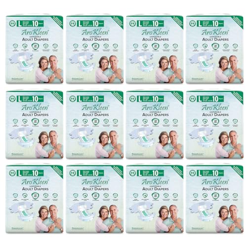 Image of AroKleen (ISI CERTIFIED) Adult Diapers Tape Style | Large (L) Size, 120 Count, Waist Size (102-150cm | 40 inch-59 inch inches), Unisex, High Absorbency, Leak Proof, Overnight Protection, Odour lock, Anti-Bacterial Absorbent Core-Pack of 12