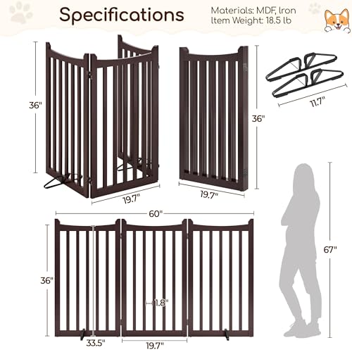 Image of Yaheetech Freestanding Wooden Dog Gate, 3-Panel 36in H Pet Barrier Espresso | Dog Fence with 2 Support Feet for Stairs /Doorways /Halls /Kitchen, Foldable Storage,Easy Assembly,Ideal for Small& Medium Pets