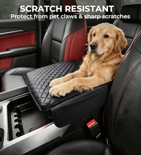 Image of Center Console Cover for Dodge Ram 1500 /2500 /3500 2019-2026 5th Gen, Fits Bucket Seat Only, Interior Accessories 1.2-Inch Thick PU Leather Armrest Cushion Protector with 2 Side Pockets, Black