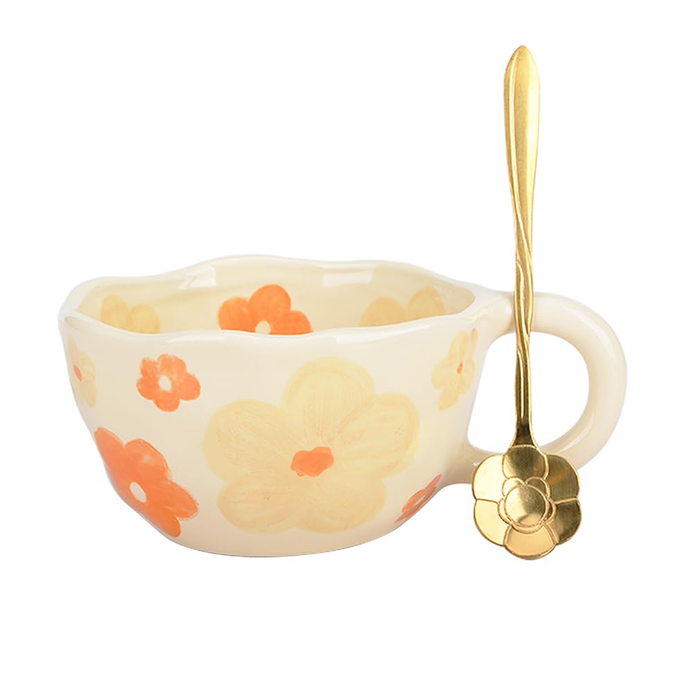 XinHuiGY Cute Coffee Mug, Ceramic Tea Mugs, Handmade Irregular Coffee Cup, Orange Flower Mug with Spoon