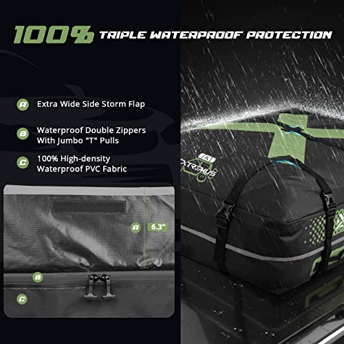 Extremus Explorationx Rooftop Cargo Carrier Bag-15 Cu Ft, 100% Waterproof Car Top Carrier, Abrasion Resistant 840D Pvc, High-Frequency Welded Seams, Waterproof Zipper W/Storm Flap & 9 Sturdy Straps #TOP2