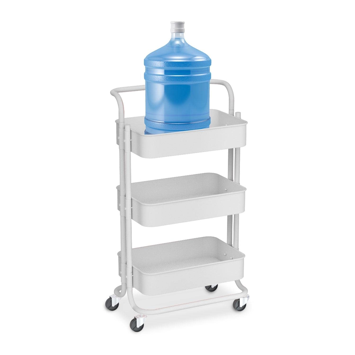 Ekkio Carrito de cocina de 3 niveles con asa, estante de almacenamiento de acero, ruedas organizadoras, acabado con recubrimiento en polvo, peso máximo por cesta, 25 kg, color blanco