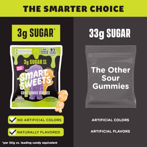 Image of SmartSweets Sour Zombie Buddies Low Sugar Gummy Candy, Healthy Snacks for Kids and Adults, Halloween Treat, 50g bags, Pack of 14