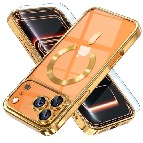Image of Misea Magnetic for iPhone 17 Pro Case Compatible with MagSafe Gold | [Never Yellowing] [Military Drop Protection] Full Camera Lens Protector Plating Soft Clear Phone Case for Women, Gold