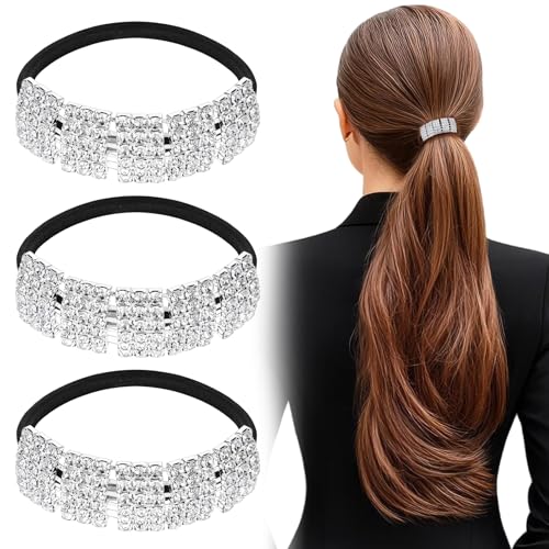 3pcs Sparkly Rhinestone Pony Tails Hair Ties Crystal Ponytail Holders Hair Ties Elastic Scrunchies for Thin Thick Hair Rhinestone Hair Accessories for Women Girls Silver