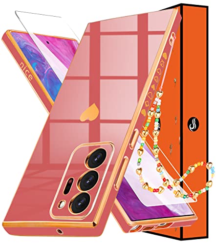 Shorogyt (3in1 Heart Case for Samsung Galaxy Note 20 Ultra 5G/4G 6.9 Inch Women Cute Aesthetic Love Hearts Pattern Girls Red Gold Luxury Girly Design Phone Cases Cover+Screen+Chain for Note20 Ultra