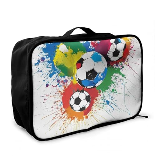 Leather Travel Carry On Tote Weekender Bag, Large Overnight Storage Bag, Lever To Hang Bags For Women Men Splash Ink Colorful Paint Football Soccer Ball
