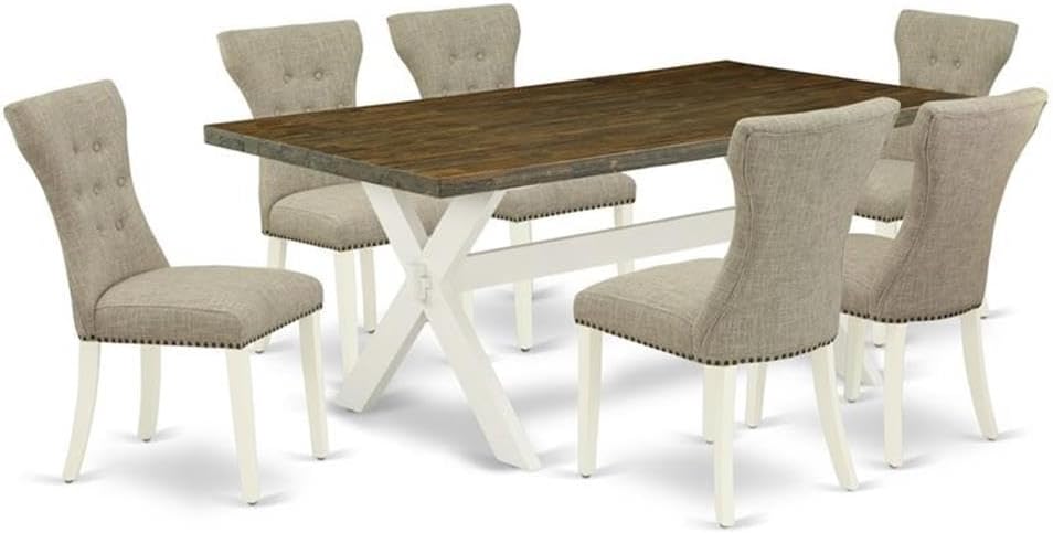 East West Furniture X077GA235-7 7 Piece Modern Dining Table Set Consist of a Rectangle Wooden Table with X-Legs and 6 Doeskin Linen Fabric Parsons Dining Chairs, 40x72 Inch, Multi-Color