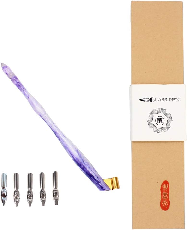 Oblique Calligraphy Nib Pen Point Holder, English Calligraphy Pen Nib Holder, English Antique Copperplate Script Handed Dip Pen + 5 Flat Nibs, Purple