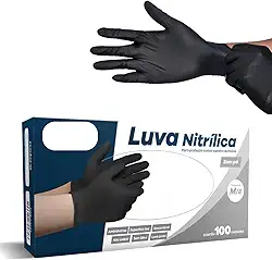 Luva Nitrilica Preta Linha Super Premium Totalmente Sem Pó Antiderrapante Moderna Com 100 Unidades Descartável | P M ou G