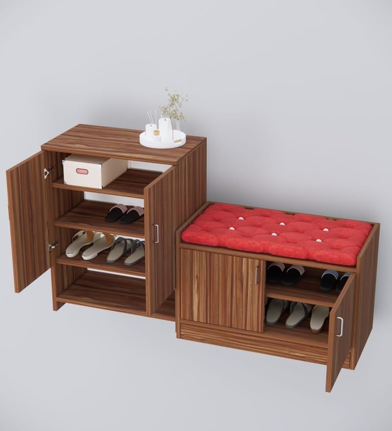 Image of SPECIALITY PANELS Wooden Shoe Rack with Cushioned Seating Bench, Walnut Finish, 2-Piece Set with Storage Cabinets, DIY Assembly