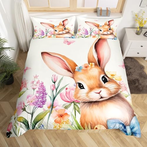 jejeloiu Queen Size Cute Bunnies Duvet Cover Boys Girls Easter Theme Bedding Set for Kids Women Men Floral Flower Comforter Cover Set Bedspread Cover Room Decorations Bedclothes(No Comforter)