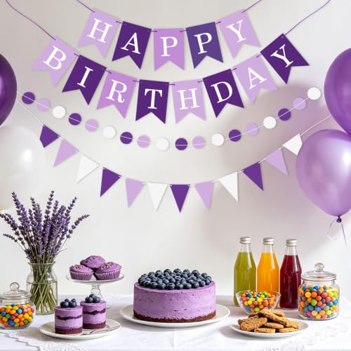 Image of Purple Happy Birthday Banner Hanging Sign Circle Dot Triangle Bunting