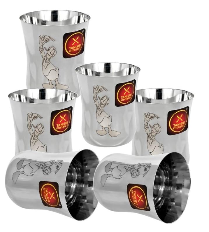 Image of TANISHI KITCHEN'S Stainless Steel Donald Duck Cartoon Glasses for Kids | Set of 6 (Small) 100 ml Each | Unbreakable & BPA-Free Drinking Tumblers for Water, Milk, Juice | Fun & Safe Cups for Children