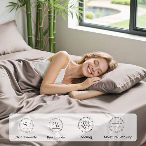 Image of Love's cabin 4 Piece Full Size Sheet Set, 100% Rayon Derived from Bamboo, Cooling & Breathable, Soft Silky Deep Pocket up to 16 inch, Hotel Luxury Bedding for Hot Sleepers, Light Tan