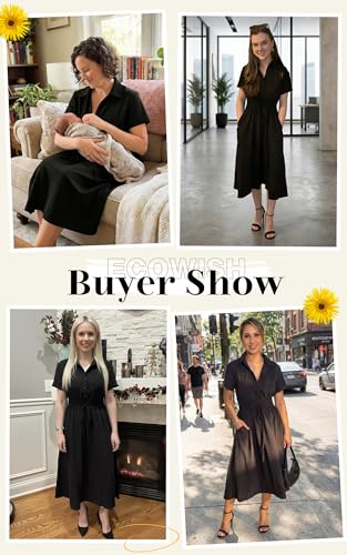 Image of ECOWISH Summer Maxi Dress for Women Casual Flowy V Neck Short Sleeve A Line Empire Waist Tiered Long Dresses with Pockets