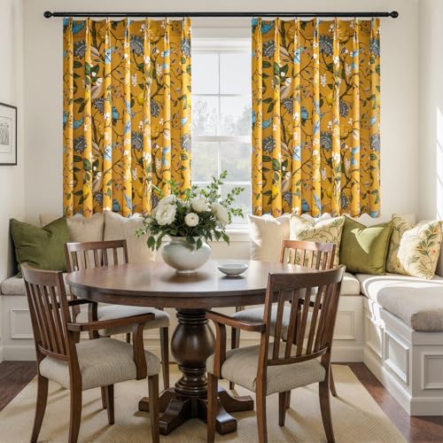 Image of Mustard Yellow Kitchen Tier Curtains 36 Inches Long,Botanical Floral Lemon & Hummingbird Pinch Pleated Half Window Drapes Room Darkening for Kitchen RV Cafe Basement Bathroom Dining Room,2 Panels