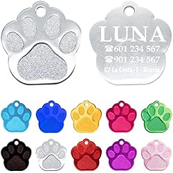Collar Medalla Personalizada Iberiagifts - Placa en forma de huella para mascotas pequeñas-medianas chapa medalla de identificación personalizada para collar perro gato mascota grabada (Plateado)