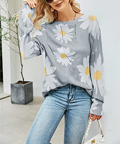 Image of chouyatou Women's Crewneck Long Sleeve Floral Printed Knitted Sweater Pullover Tops